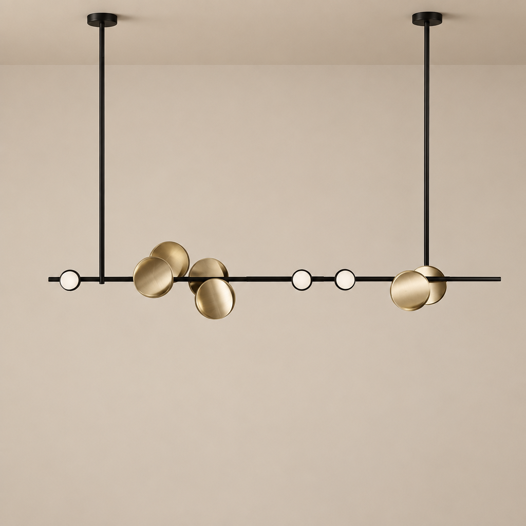 Orvella Linear Disc Chandelier – Black & Brass / 47.2 in (120 cm) – complete fixture on premium beige background