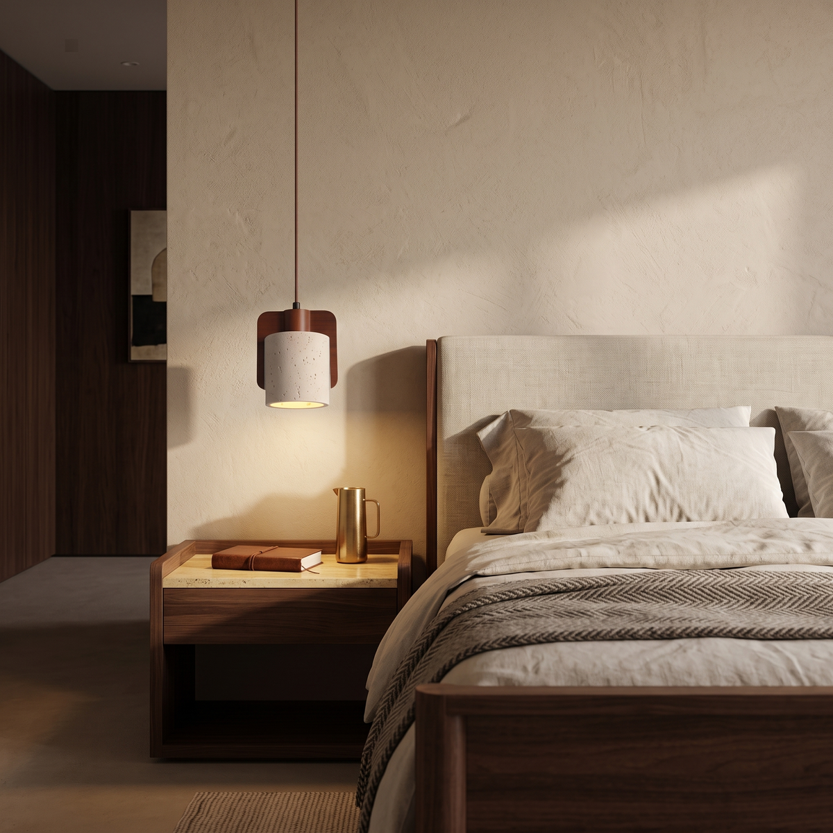 Orlena Cove Travertine & Wood Pendant Light in a luxury bedroom