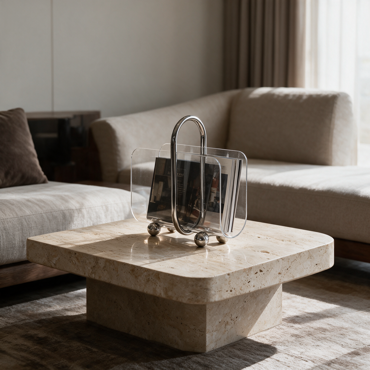 Compact 28 x 15 x 31.5 cm metal and acrylic portable bookcase styled on a luxury coffee table
