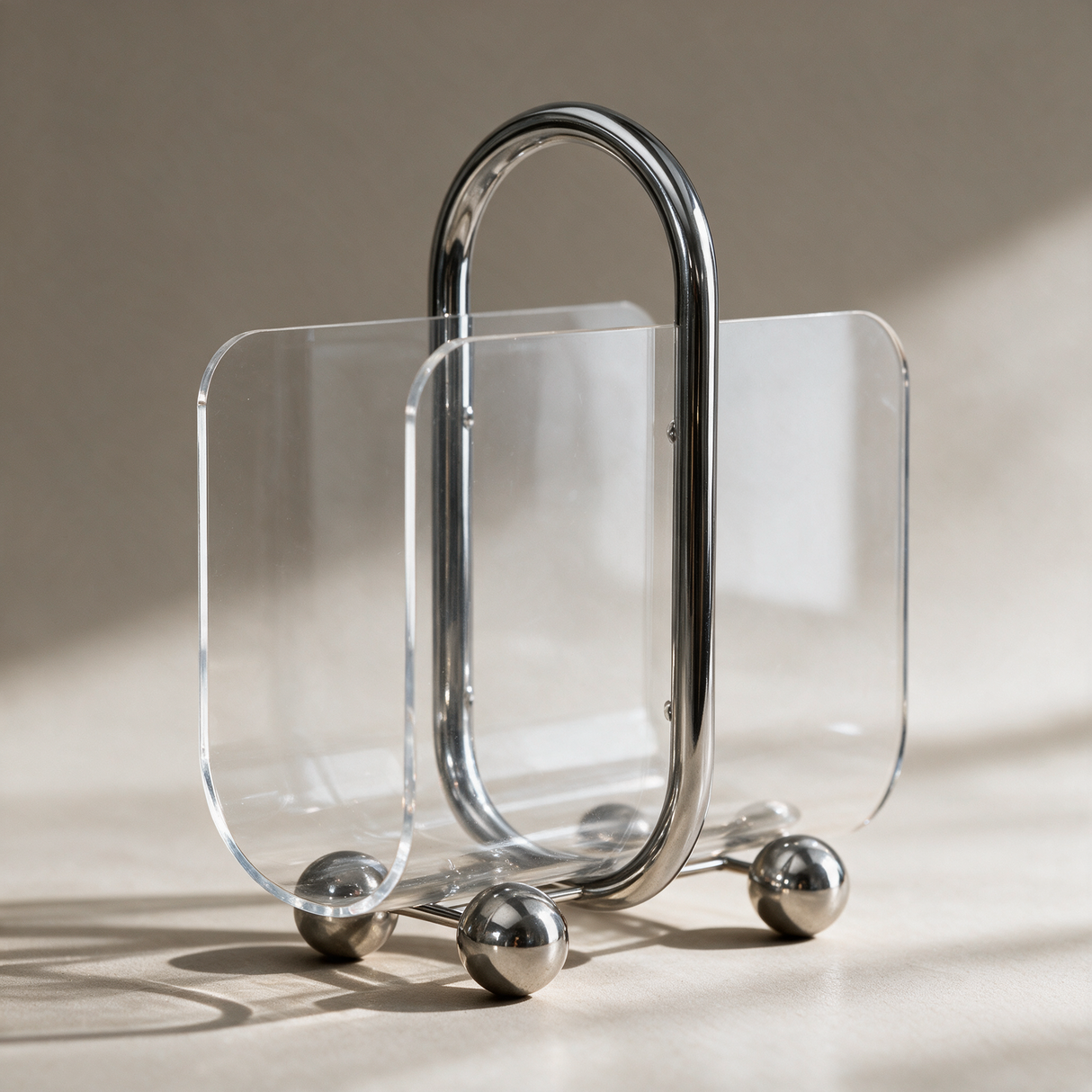 Close-up detail of the metal and acrylic construction of the modern portable bookcase