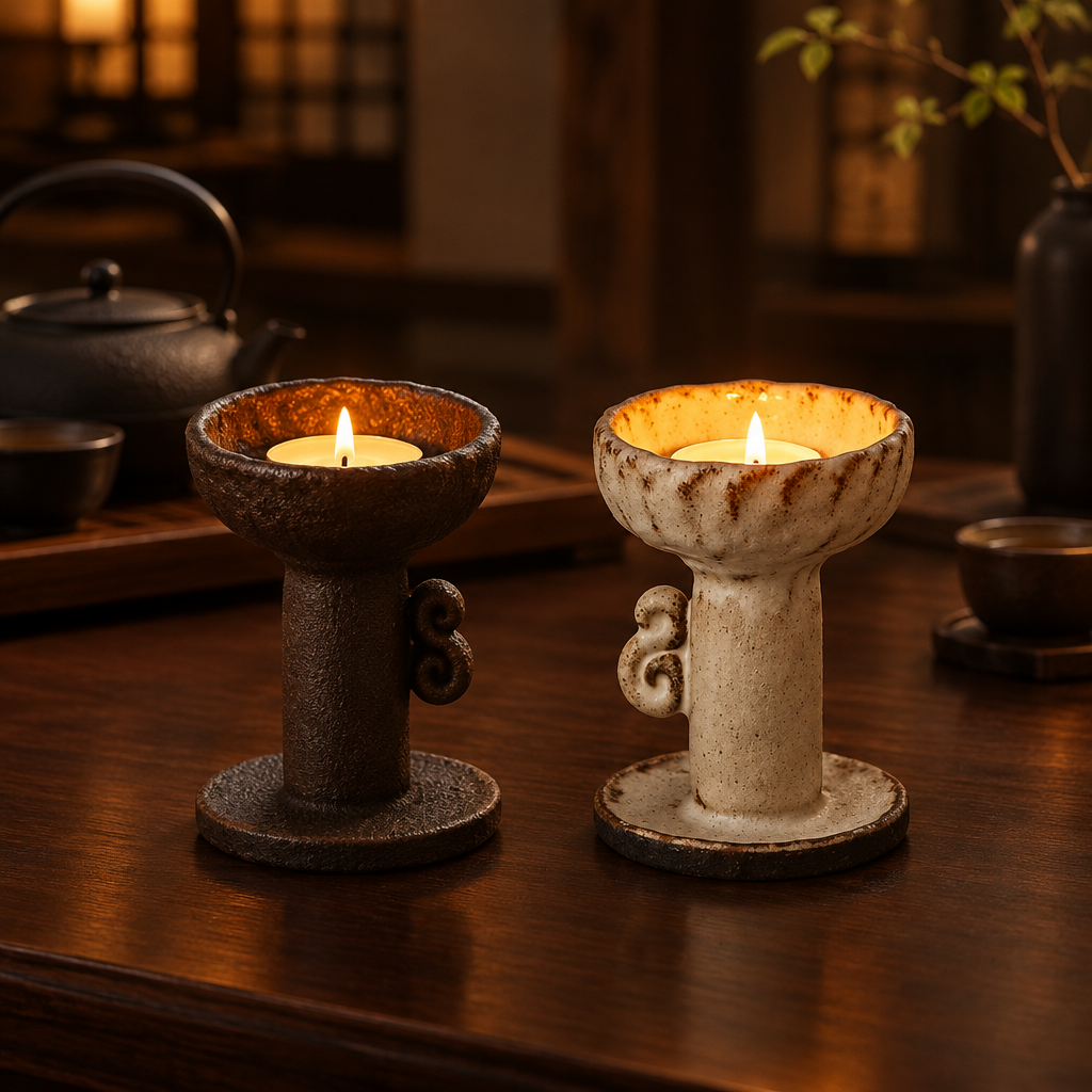 Dark charcoal and ivory handmade rough pottery tealight holders displayed together