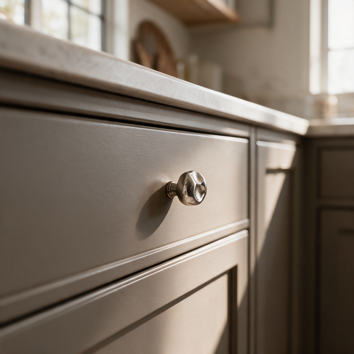 Santaya 63578-23-NB PVD nickel-silver brass compact cabinet pull installed on luxury kitchen cabinetry