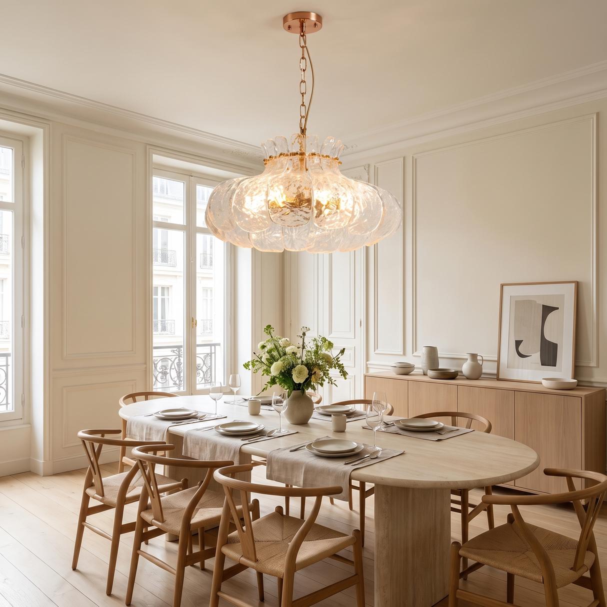 Solenne Ice Glass Chandelier – D50 cm – Parisian-inspired dining room