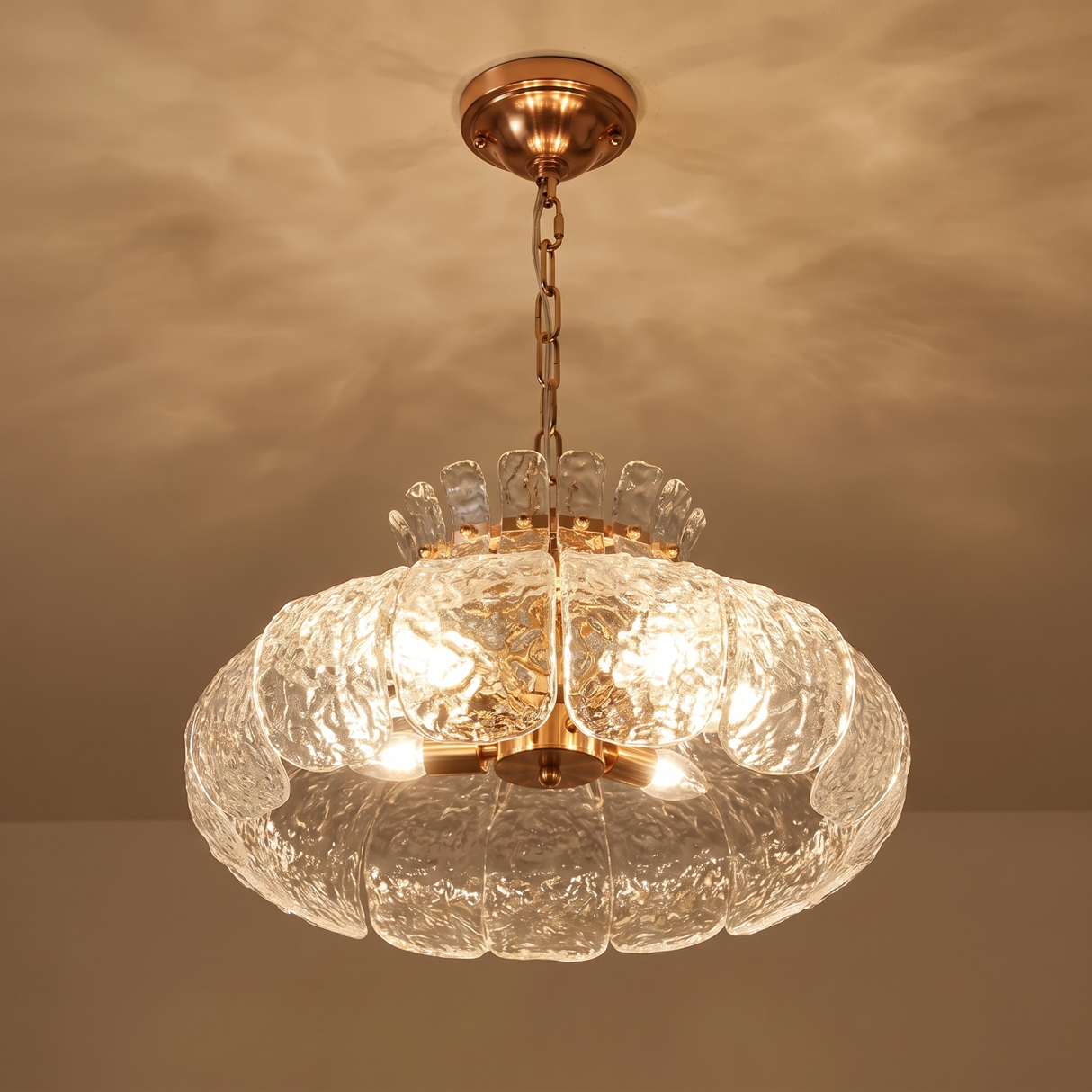 Solenne Ice Glass Chandelier – D50 cm – copper canopy and mounting detail