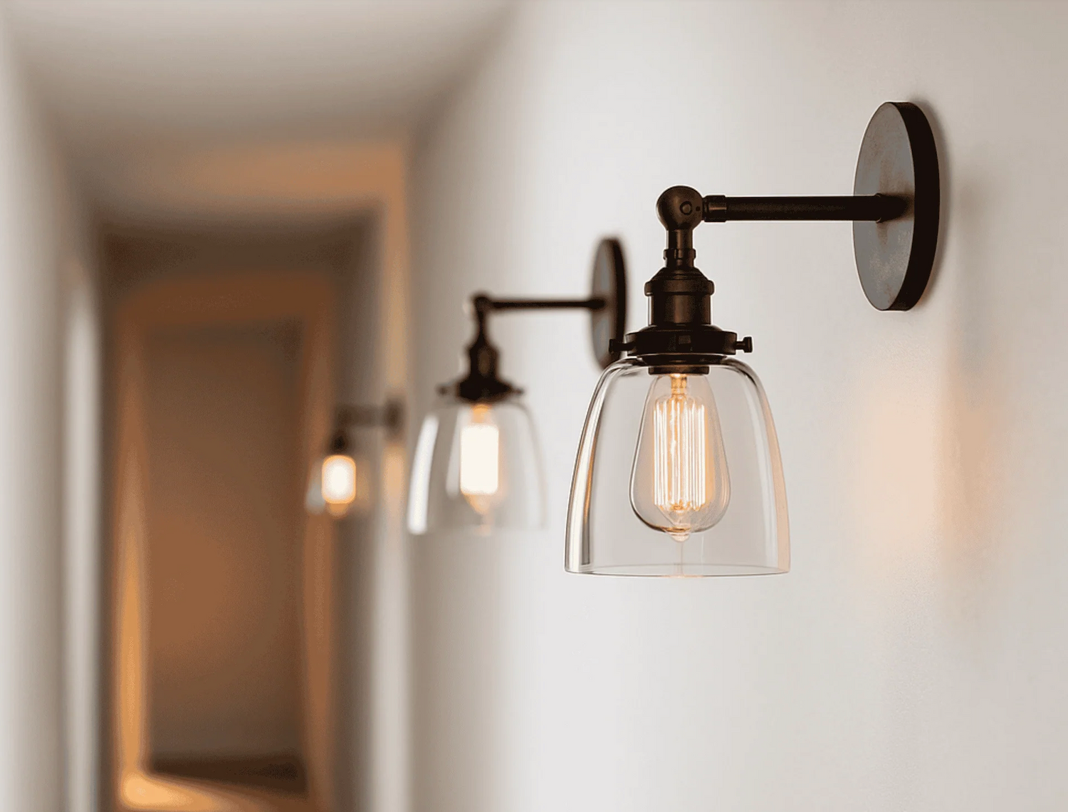 3 wall sconce lights with glass covers in a hall way of a hotel