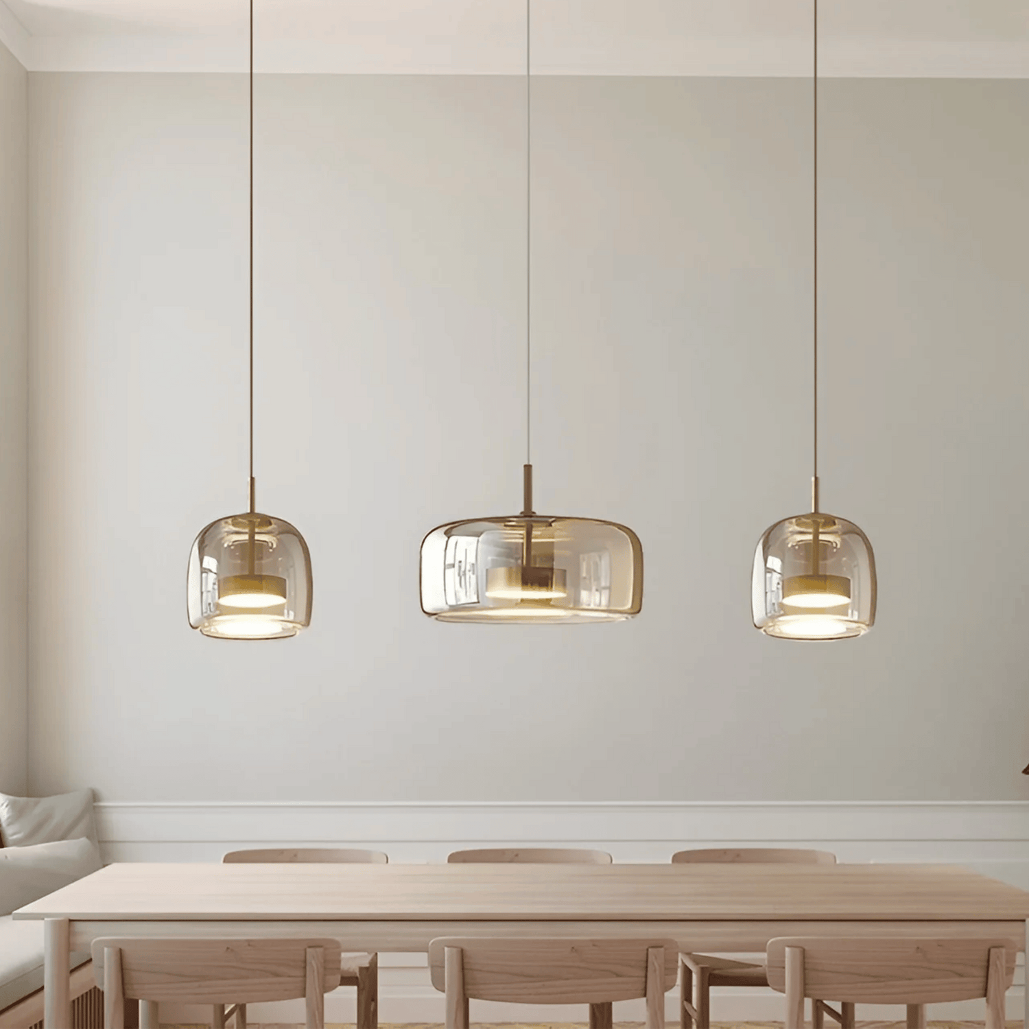 Beautiful modern pendant light hanging over dining table