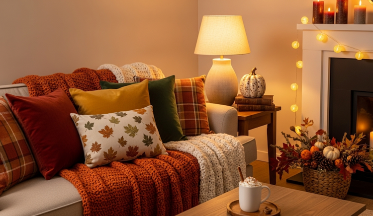 Fall Decor with throws, blankets pillows and pumpkins and warm lighting