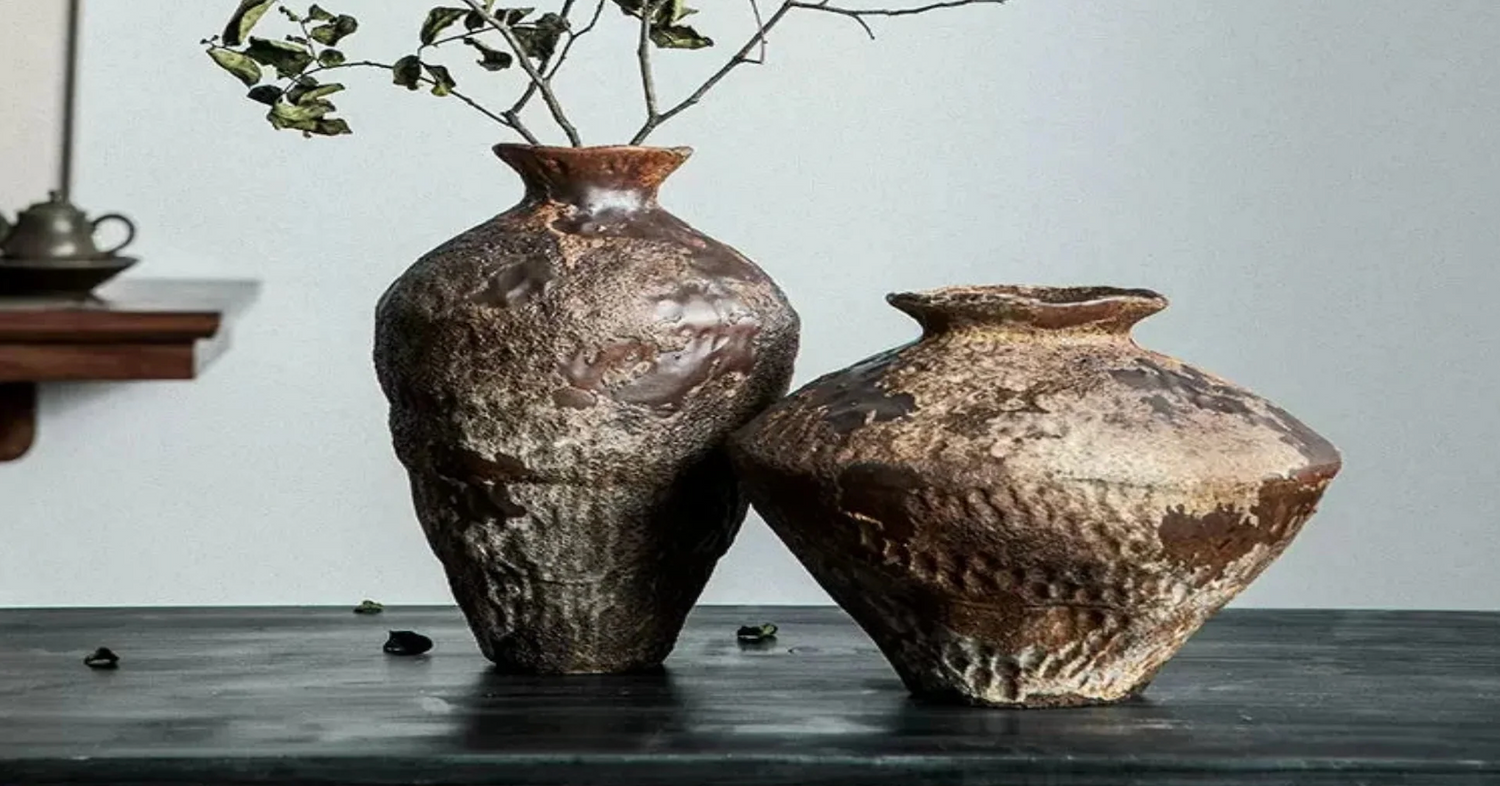 Terra Nest Rustic Ceramic Vase on a bench