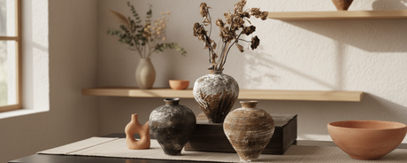 Two white marble look vases on a wooden side board