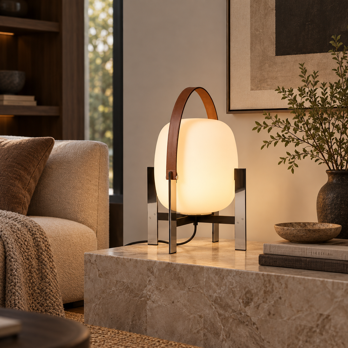 A modern table lamp with a glowing warm white rounded shade, a brown leather handle, and a chrome metal base, styled on a marble side table in a cozy living room setting.
