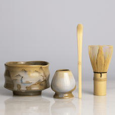 Aoki Matcha Set – Traditional 4pcs Ceramic Tea Set styled in a office — modern interior by Baskoraa