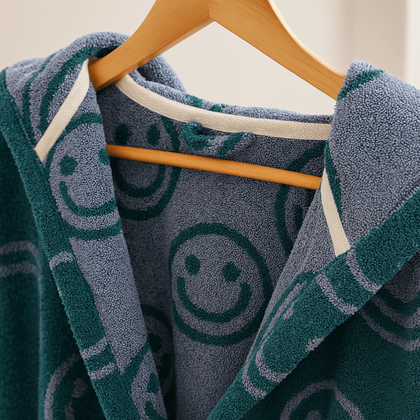 Towel with smiley face pattern draped over a wooden hanger