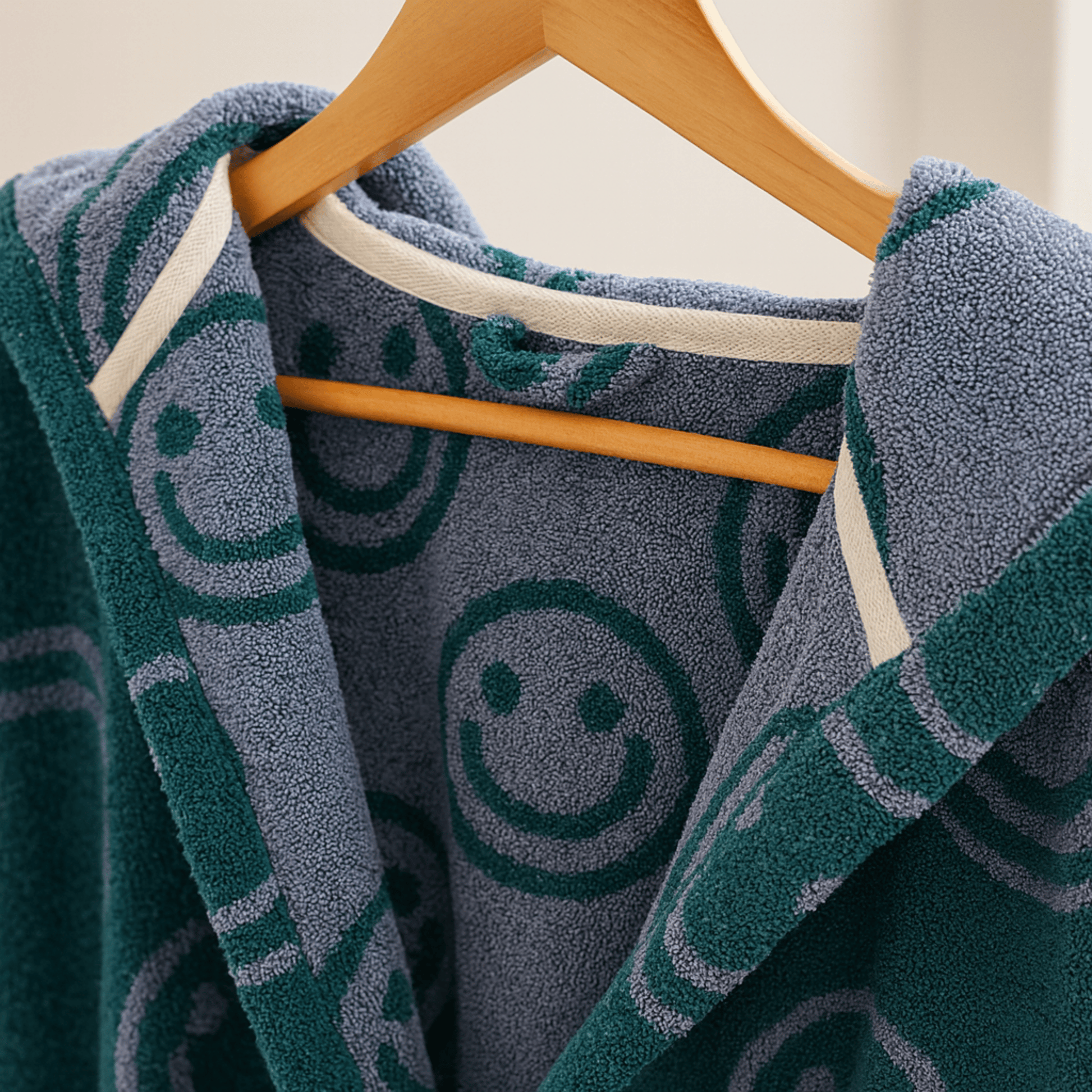 Towel with smiley face pattern draped over a wooden hanger