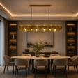 Dining room with a modern chandelier, table, and chairs.