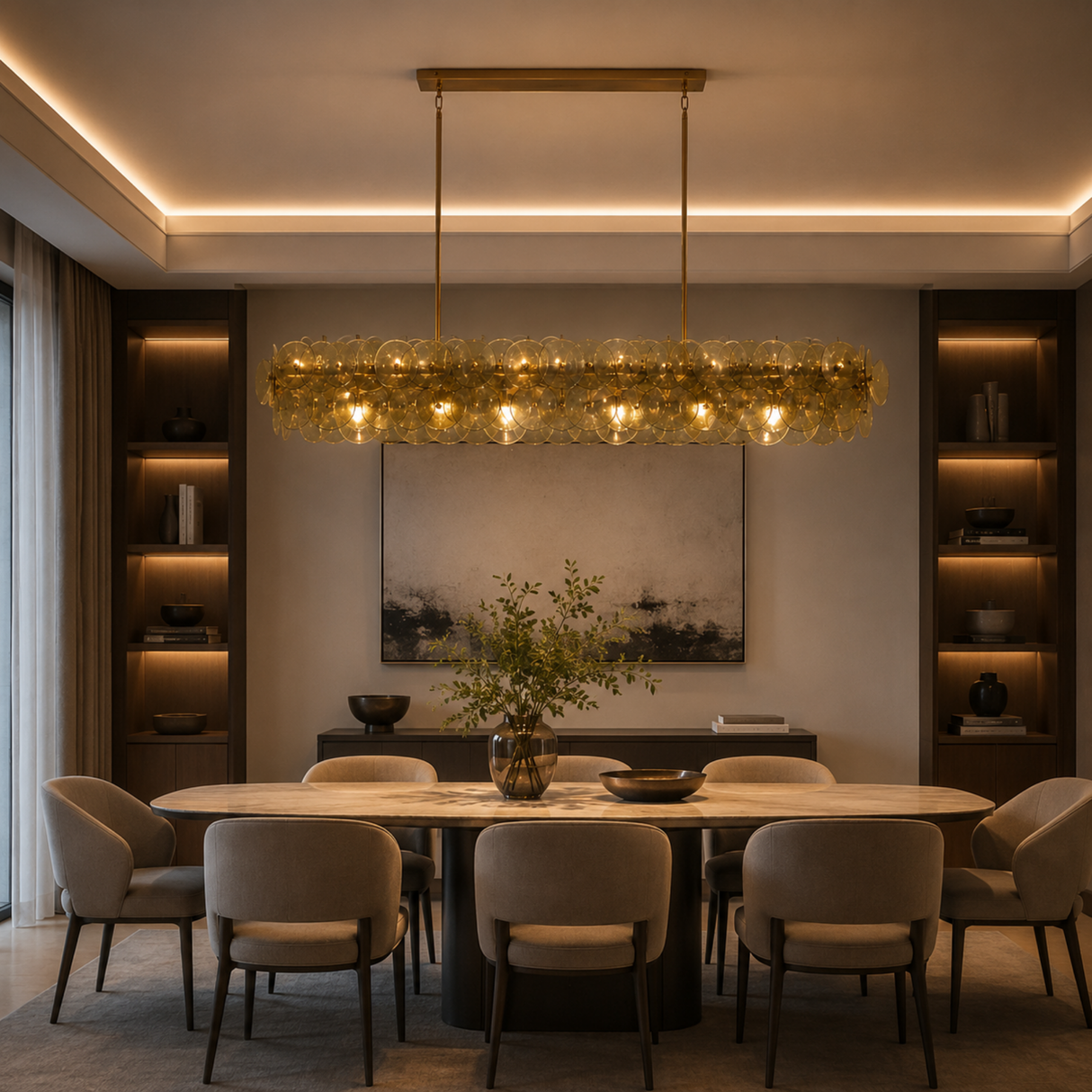 Dining room with a modern chandelier, table, and chairs.