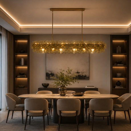 Dining room with a modern chandelier, table, and chairs.