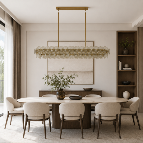 Modern dining room with a long table and chairs, featuring a chandelier and neutral decor.