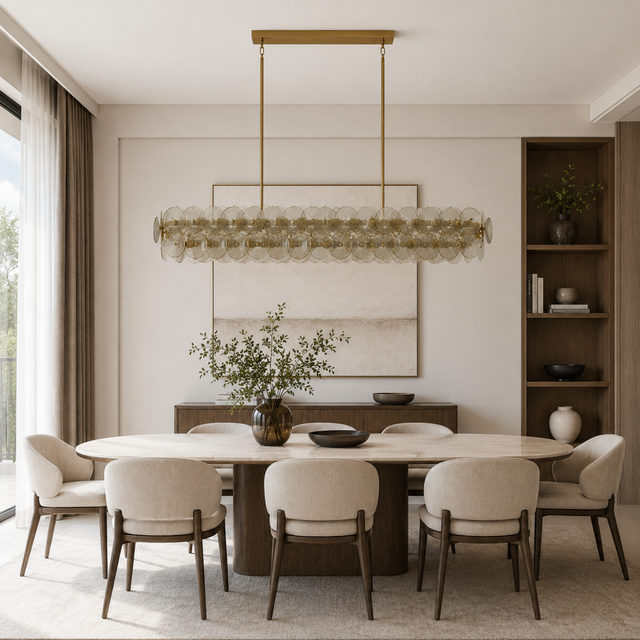 Modern dining room with a long table and chairs, featuring a chandelier and neutral decor.