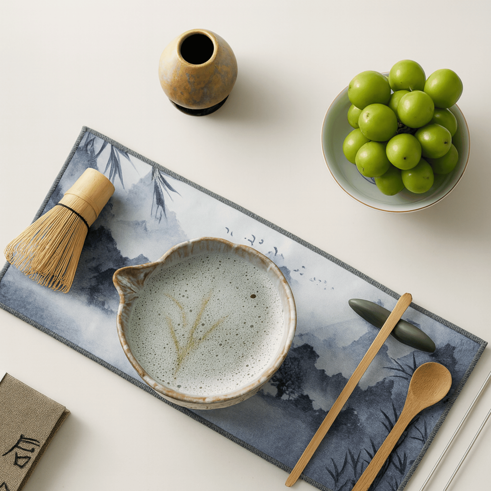 Ceramic bowl with wooden tools on a decorative mat with grapes in the background
