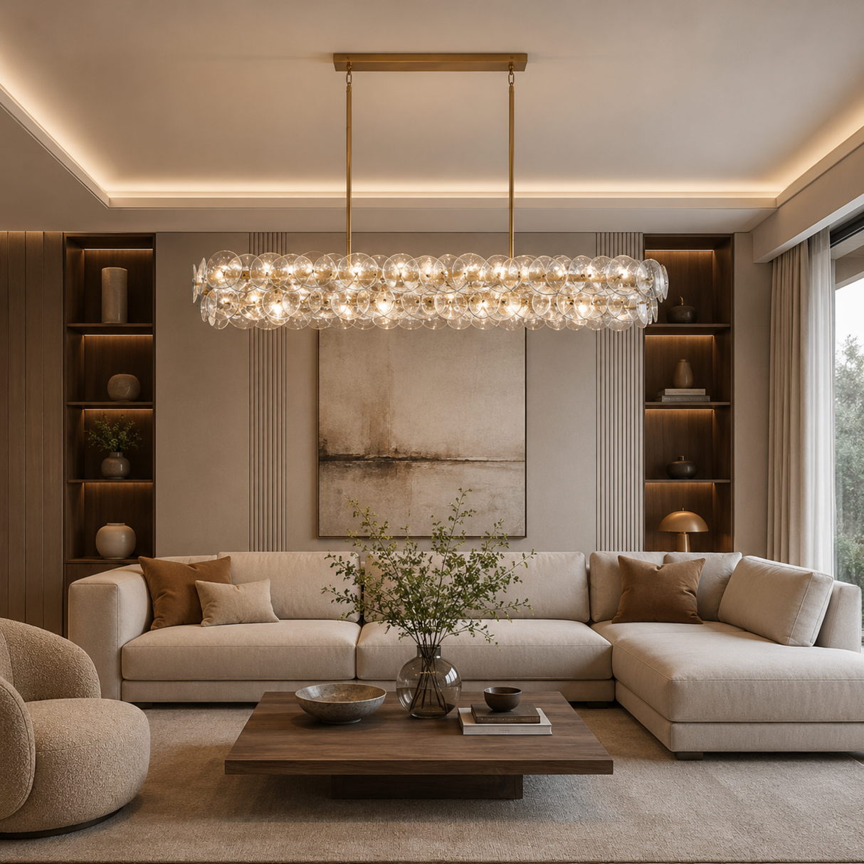 Modern living room with a chandelier, sofa, and coffee table.