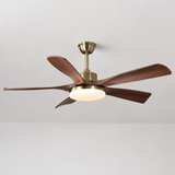 Ceiling fan with wooden blades and brass finish on a plain background