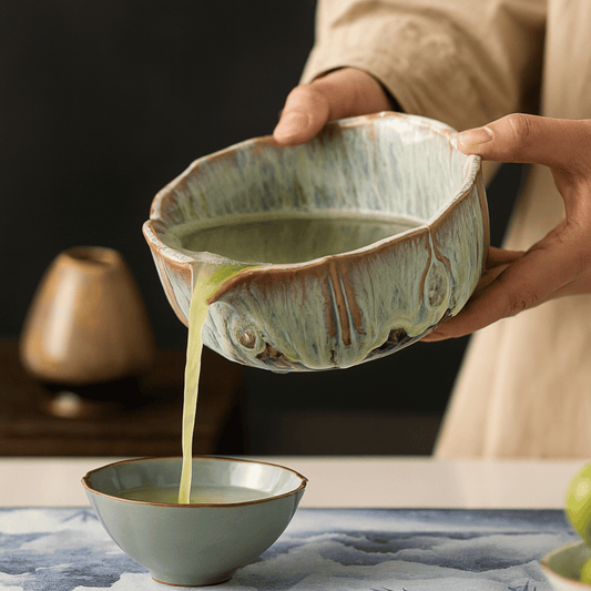 Person pouring green liquid from a ceramic bowl into another bowl on a textured surface.