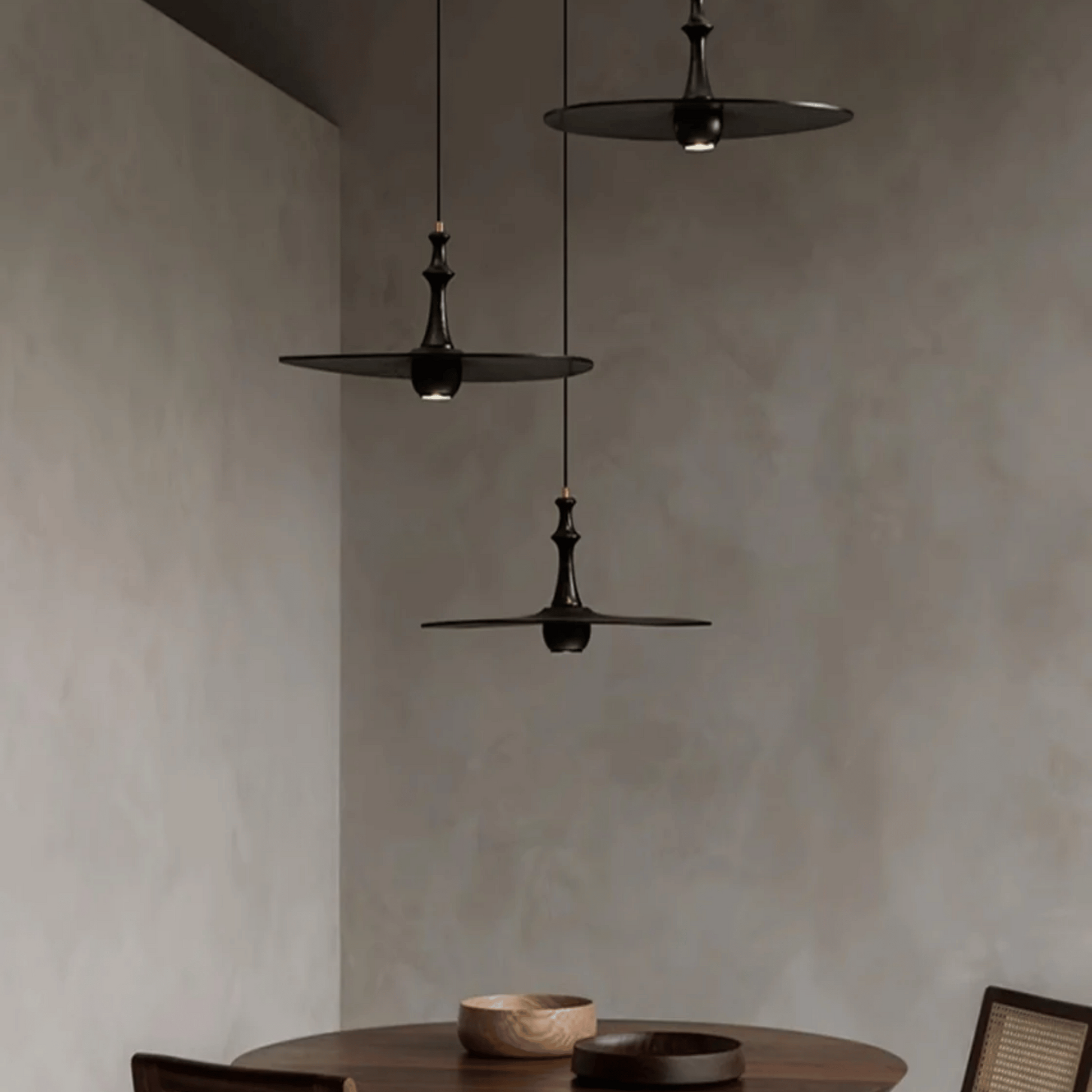 Black Solid Wood Pendant Light – Minimalist Flying Saucer Design in Dinning Room 