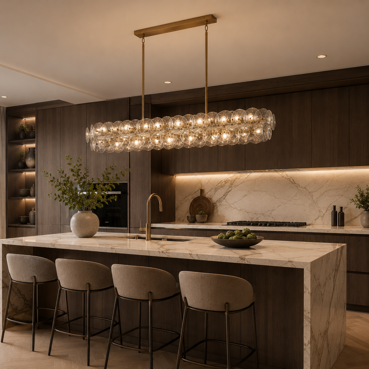 Modern kitchen with marble island, pendant light, and bar stools.
