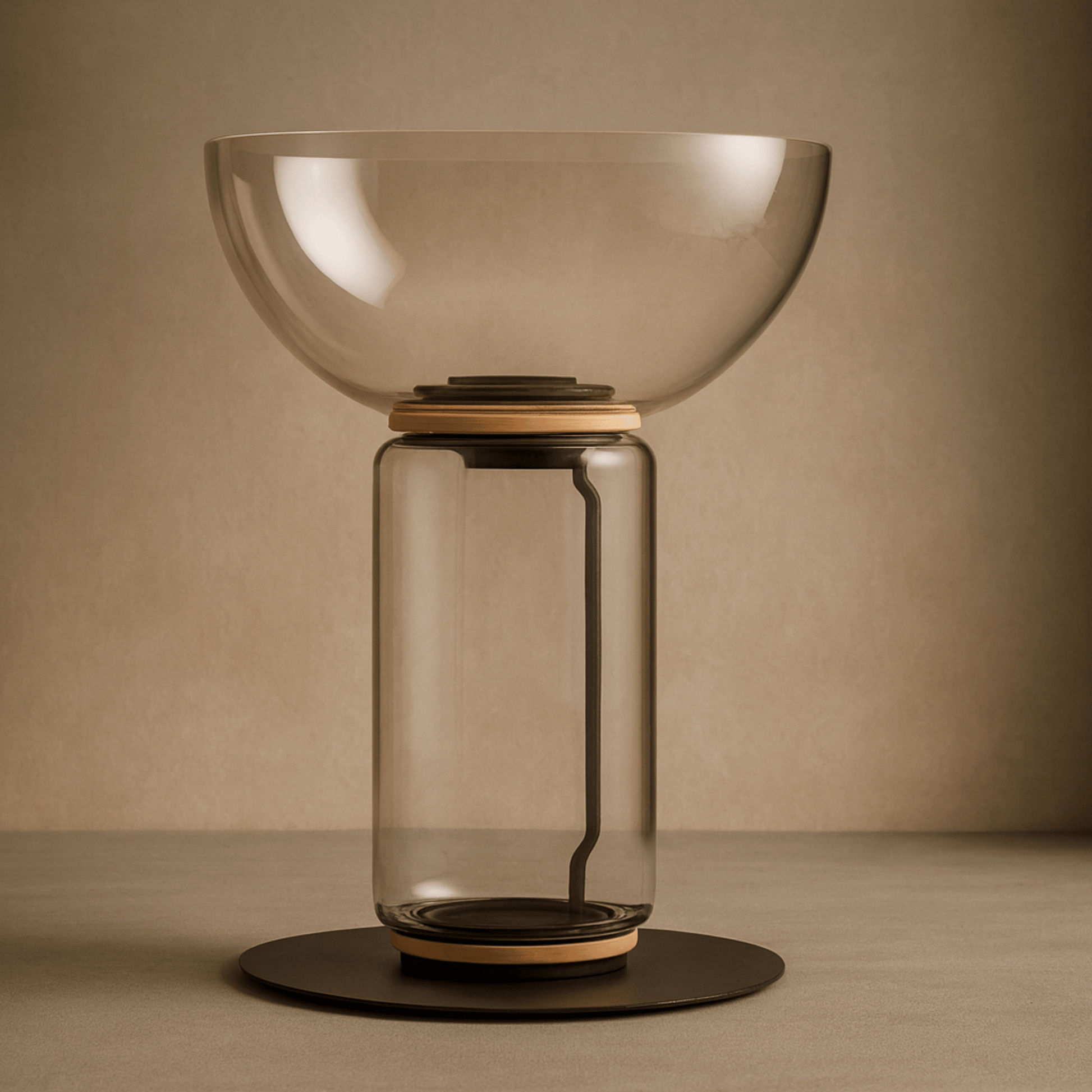 Modern glass table lamp with a beige bowl and black base on a neutral background