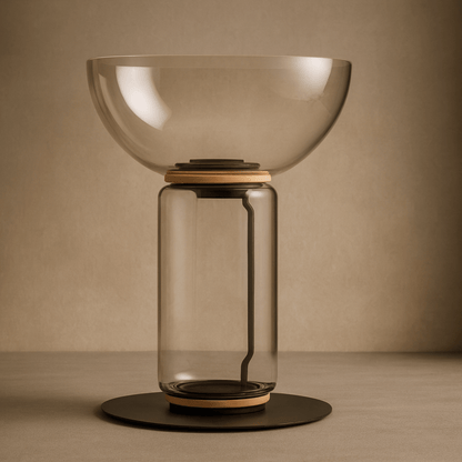 Modern glass table lamp with a beige bowl and black base on a neutral background