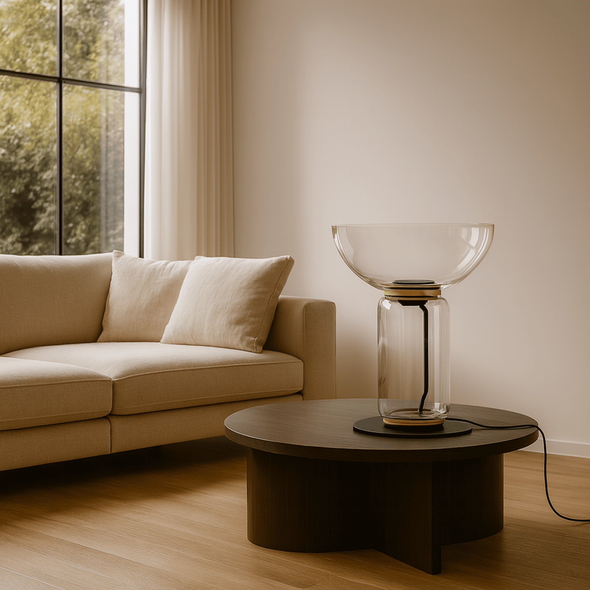 Modern living room with a beige sofa, round wooden coffee table, and a glass lamp.