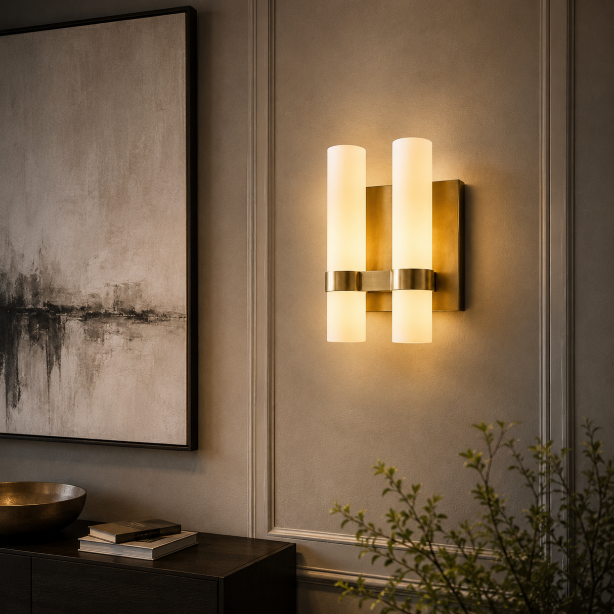 Wall sconce with abstract art and decor in a room setting
