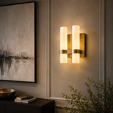 Wall sconce with abstract art and decor in a room setting