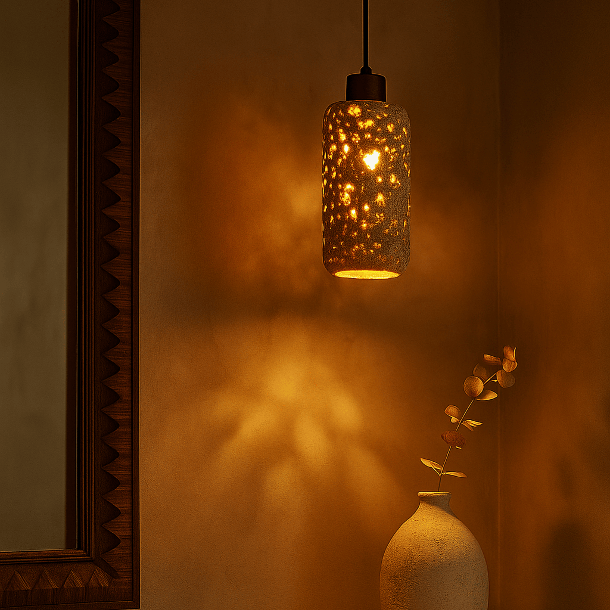 Decorative pendant light casting a warm glow on a wall with a vase and plant in the foreground.