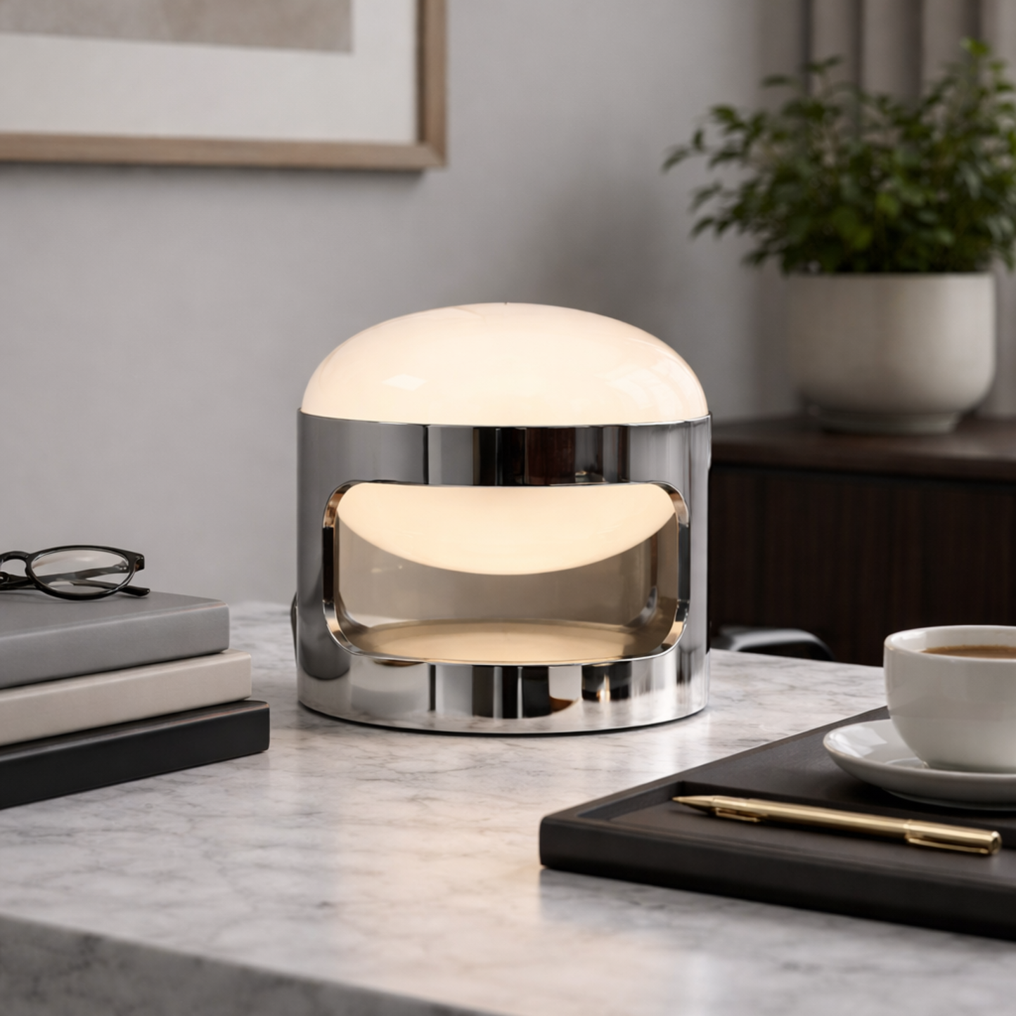 Modern table lamp on a marble surface with books, a cup, and a plant in the background.