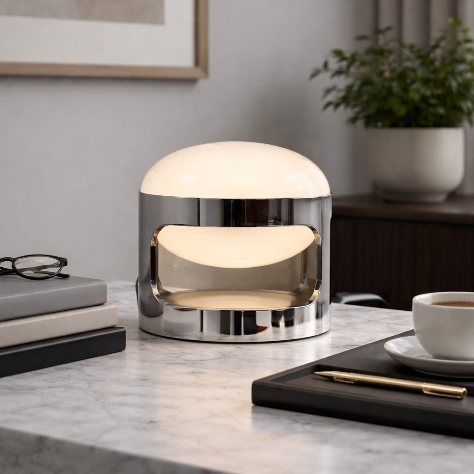 Modern table lamp on a marble surface with books, a cup, and a plant in the background.