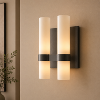 Wall-mounted light fixture with two cylindrical lights on a beige wall.