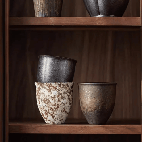 Three ceramic cups on a wooden shelf with a dark background