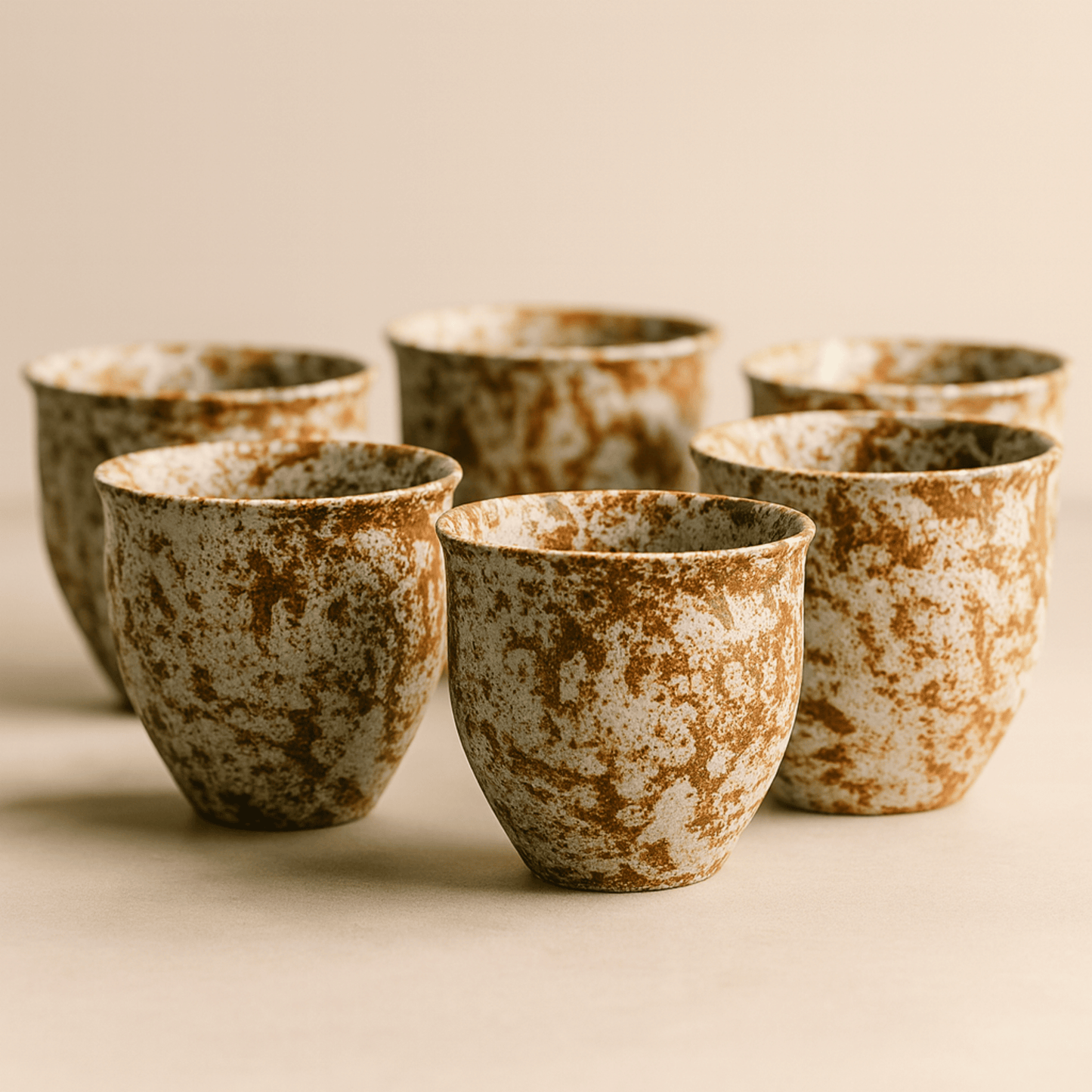 Set of six ceramic cups with brown and white speckled glaze on a beige background