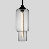 Clear glass pendant light with black fixture on a gray background
