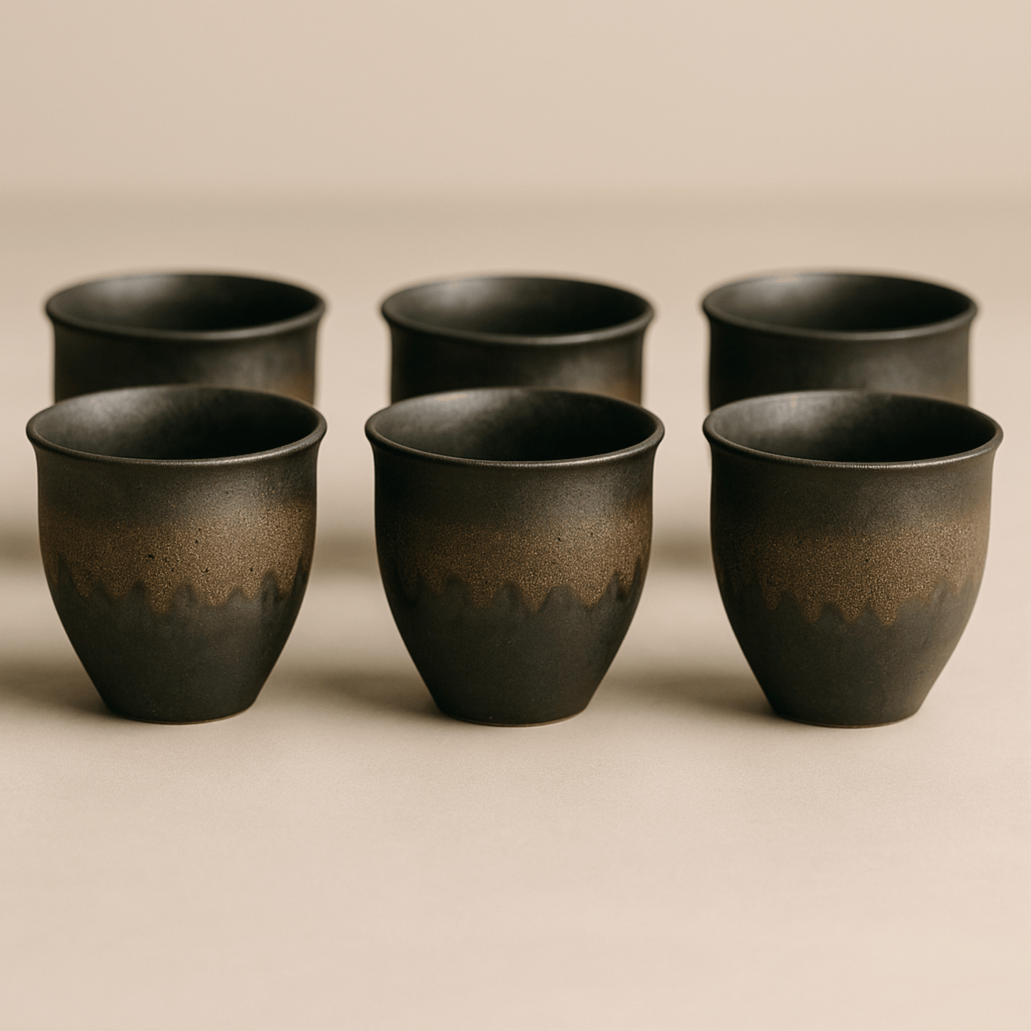 Set of six black ceramic cups on a beige background