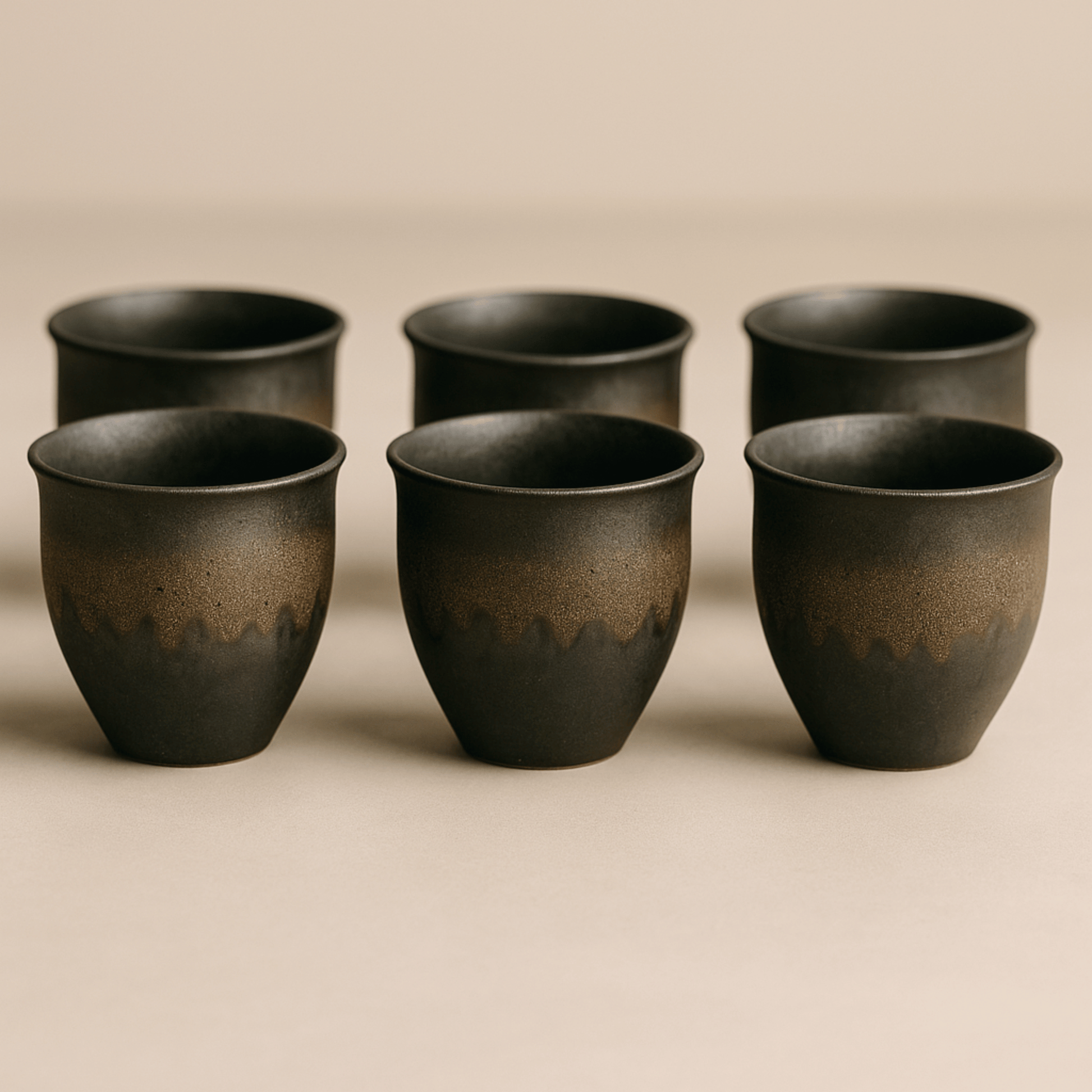 Set of six black ceramic cups on a beige background
