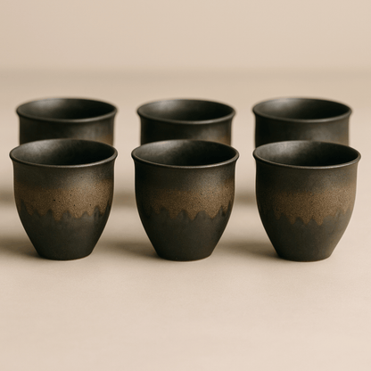 Set of six black ceramic cups on a beige background