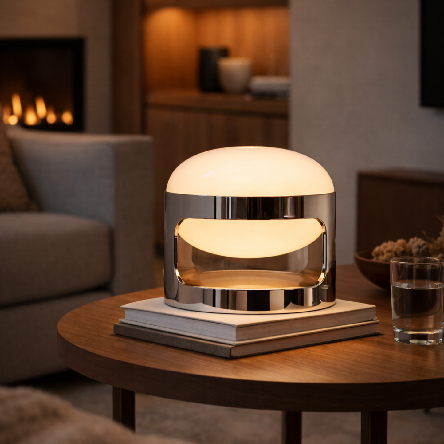 Modern table lamp on a wooden table with a cozy living room background