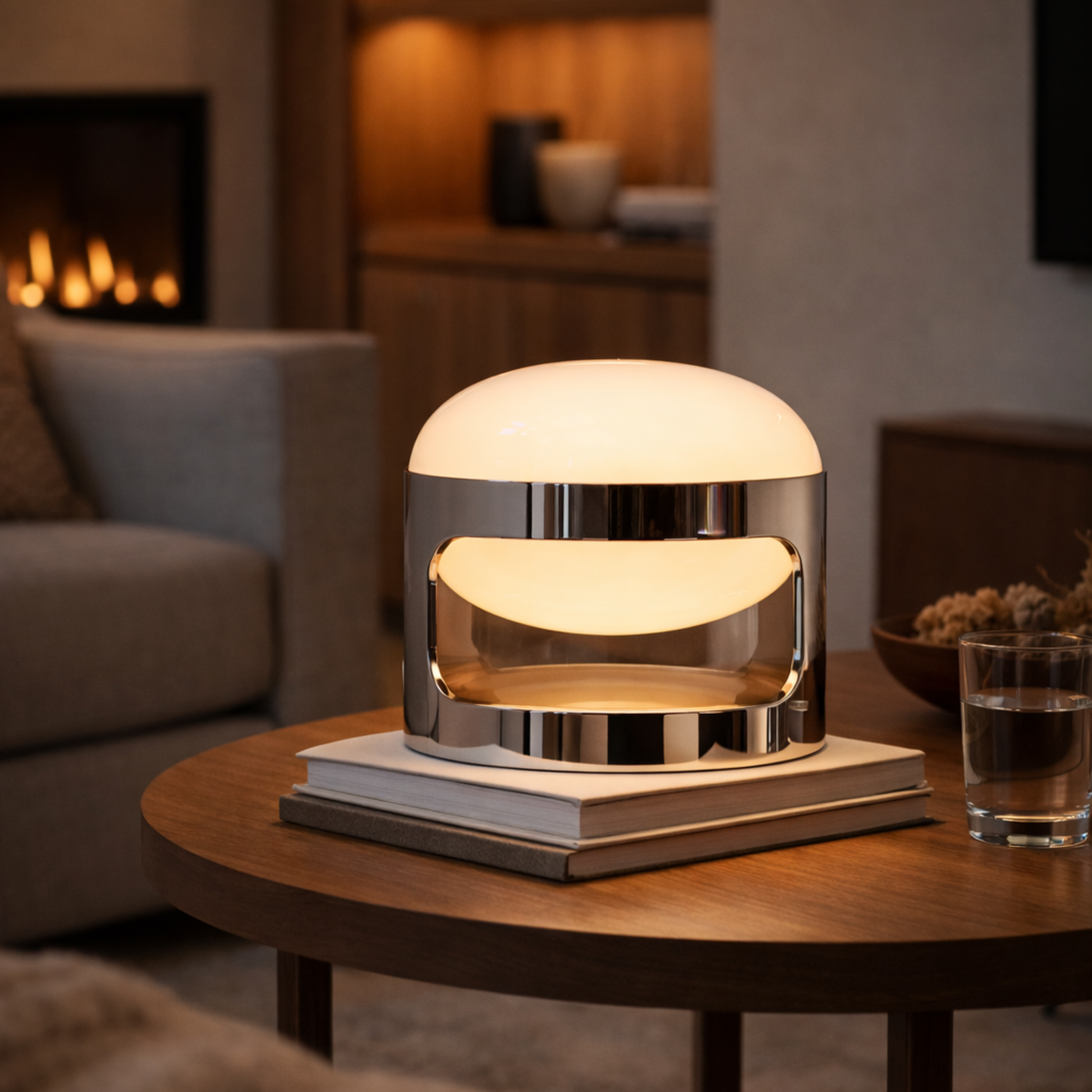 Modern table lamp on a wooden table with a cozy living room background