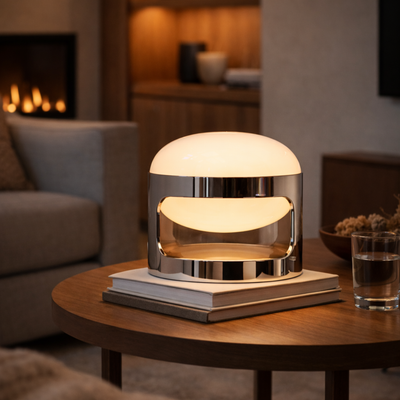 Modern table lamp on a wooden table with a cozy living room background