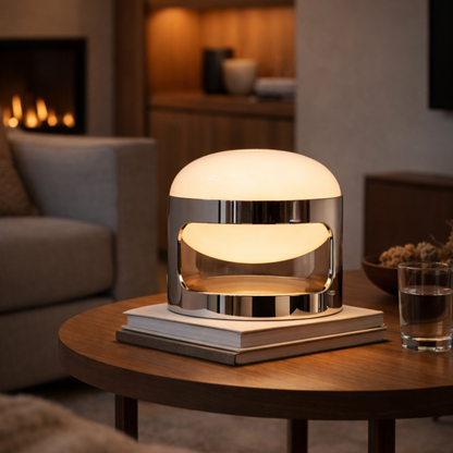 Modern table lamp on a wooden table with a cozy living room background