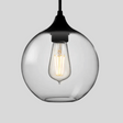 Clear glass pendant light with a black fixture on a gray background
