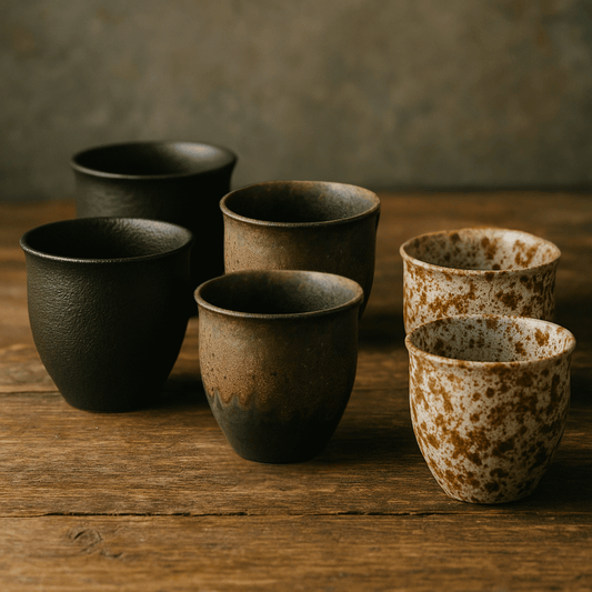 Set of ceramic cups on a wooden surface with a rustic background