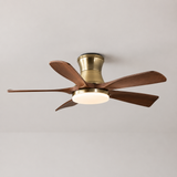 Ceiling fan with wooden blades and brass finish on a plain background